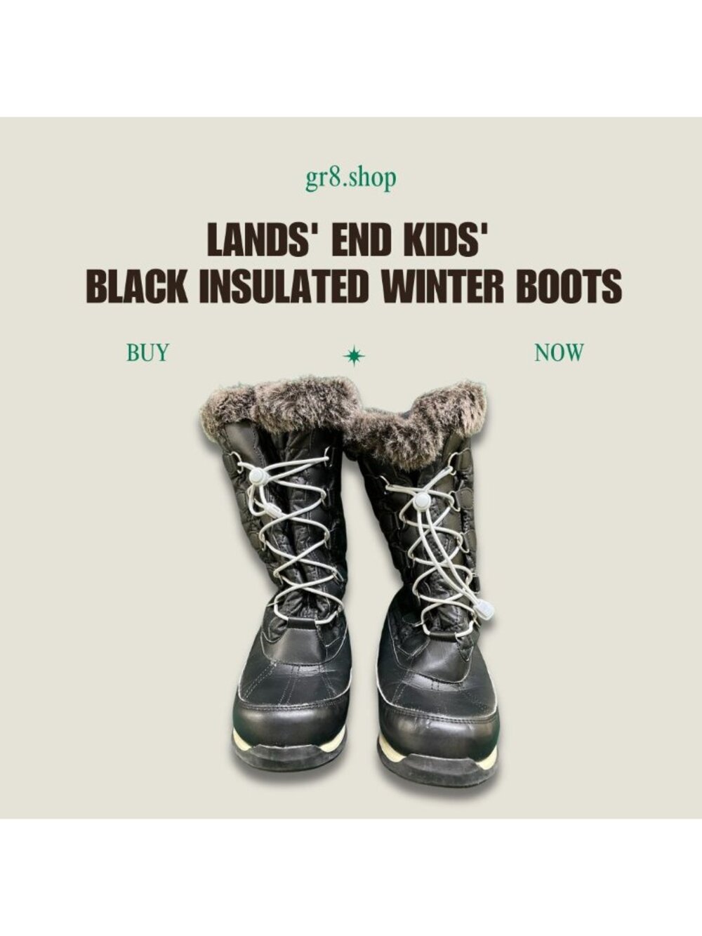 LANDS END Kids Black Insulated Winter Boots W/ Faux Fur Trim Quilted Size 6 Snow